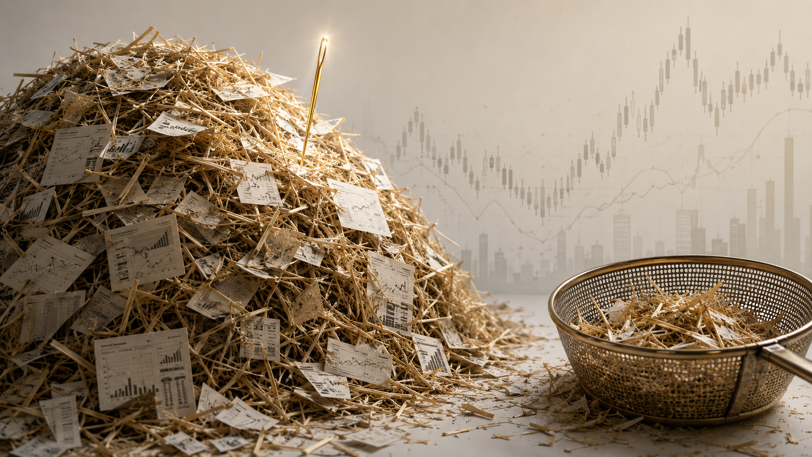 Editorial illustration: a large haystack of straw and scattered stock-chart slips with a single glowing golden needle standing at its peak — the rare winner among the many — and a sieve of straw to the side, against faint candlestick charts and a city skyline.