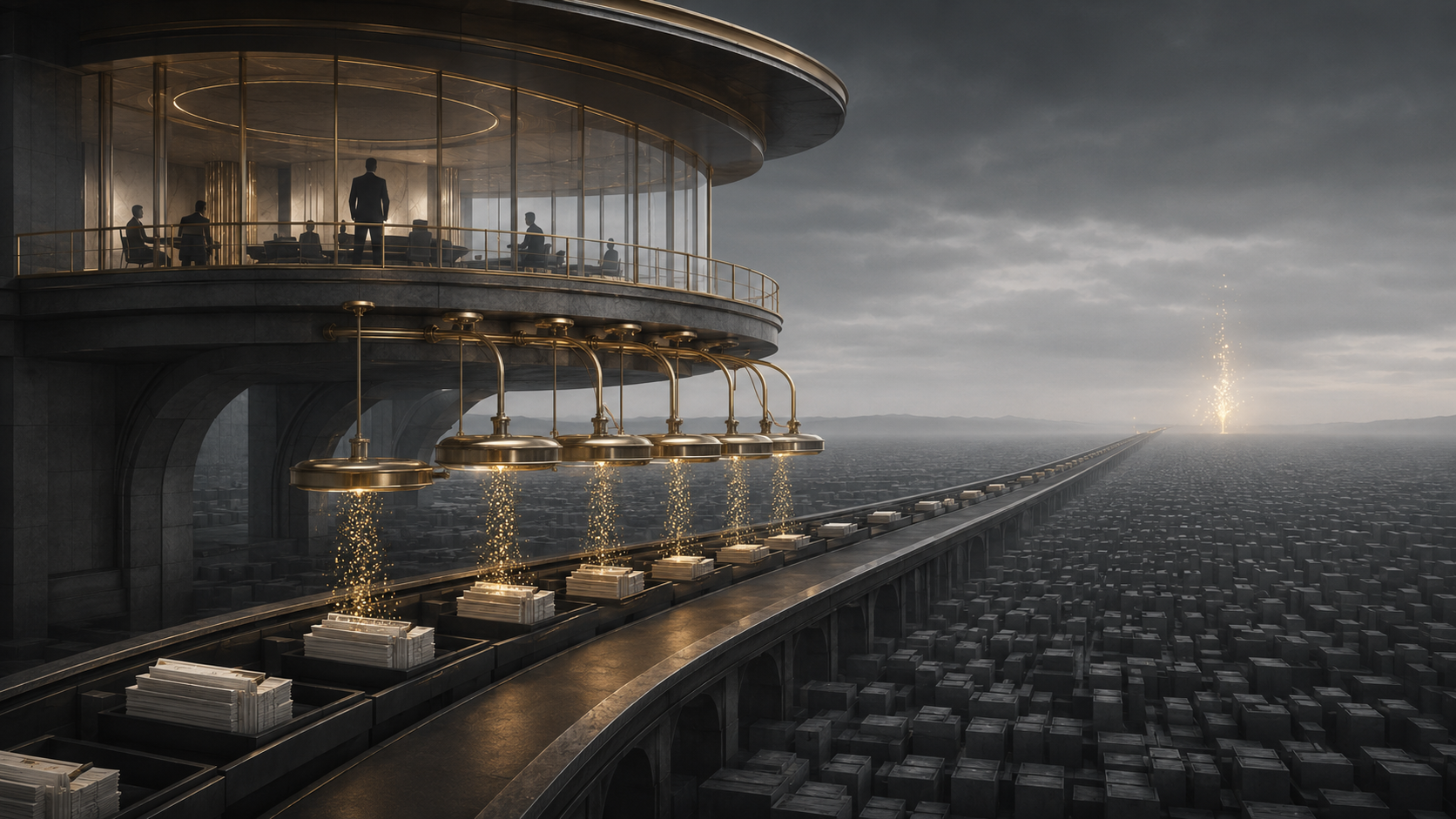 Editorial illustration: a glass-and-gold boardroom curves above an endless plain of grey client boxes while its brass funnels sprinkle gold onto a conveyor of paper certificates below — far away on the dark horizon, a single column of golden sparks rises. The fee machinery pours reliably at the top; the exceptional outcome stands alone in the distance.