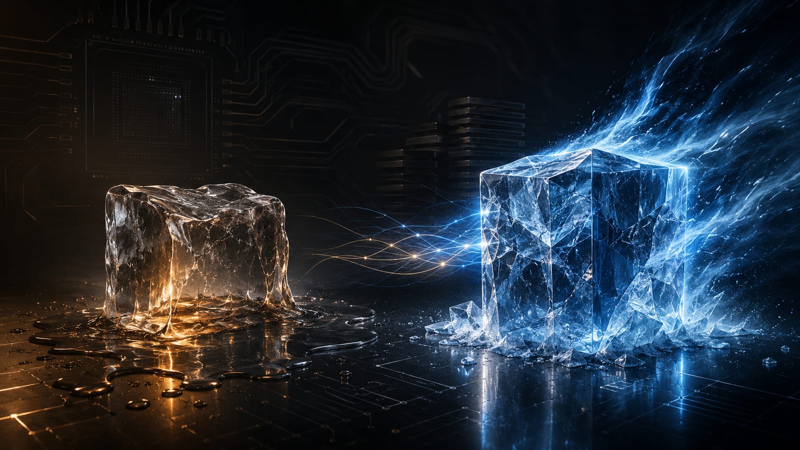 Heresy IX cover art: two ice cubes on a dark circuit-board surface — the left cube melting into a warm amber puddle (the terminal relay, a solved constraint liquidating its own premium), the right cube refreezing in cold electric-blue energy (the recurring relay, re-frozen by the next NVIDIA generation).
