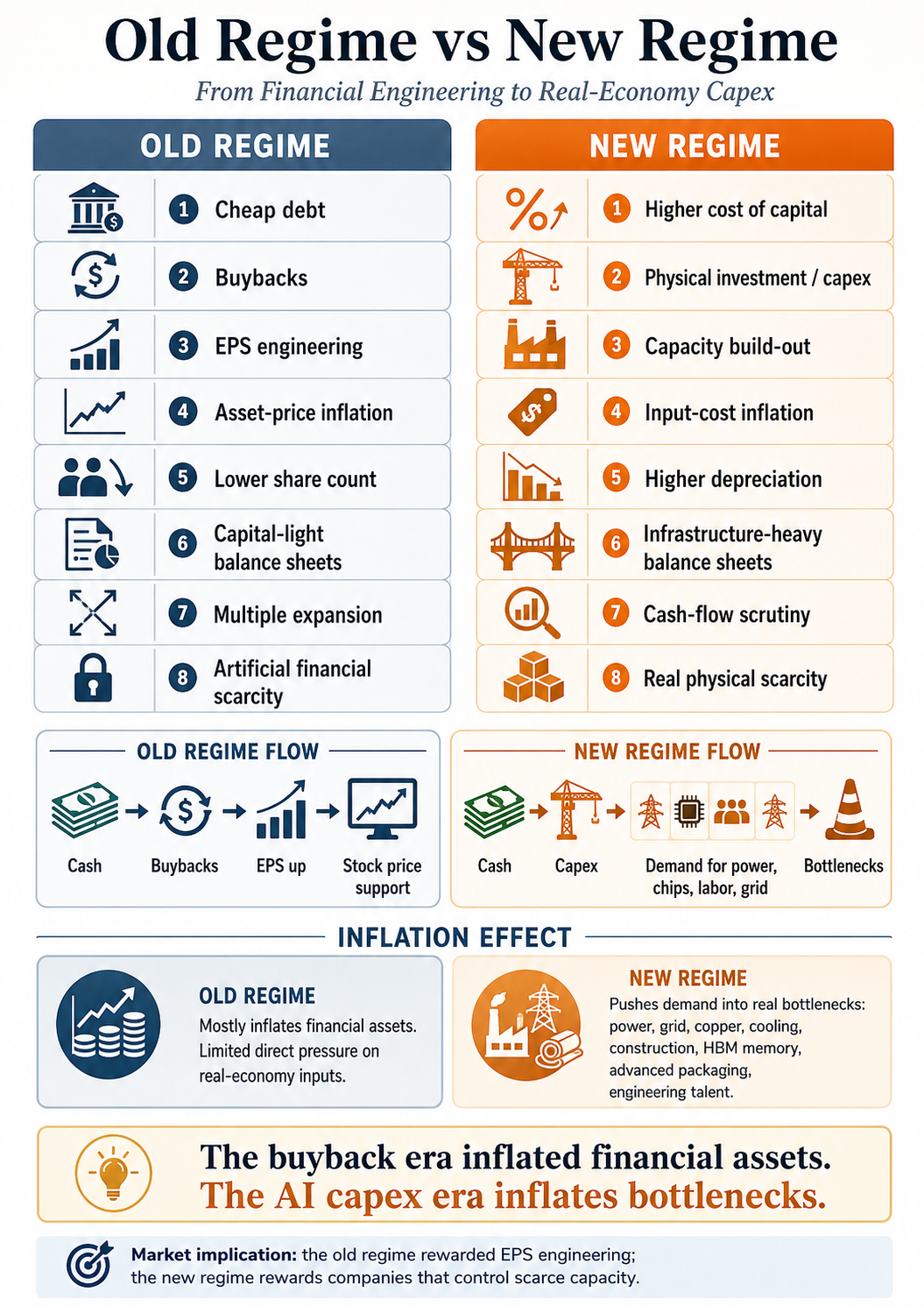 Infographic 'Old Regime vs New Regime — From Financial Engineering to Real-Economy Capex'. Two columns. OLD REGIME: cheap debt, buybacks, EPS engineering, asset-price inflation, lower share count, capital-light balance sheets, multiple expansion, artificial financial scarcity. NEW REGIME: higher cost of capital, physical investment / capex, capacity build-out, input-cost inflation, higher depreciation, infrastructure-heavy balance sheets, cash-flow scrutiny, real physical scarcity. Old-regime flow: cash to buybacks to EPS up to stock-price support. New-regime flow: cash to capex to demand for power, chips, labour and grid, to bottlenecks. Inflation effect: the old regime inflates financial assets; the new regime pushes demand into real bottlenecks — power, grid, copper, cooling, construction, HBM memory, advanced packaging, engineering talent. Key line: the buyback era inflated financial assets; the AI capex era inflates bottlenecks.