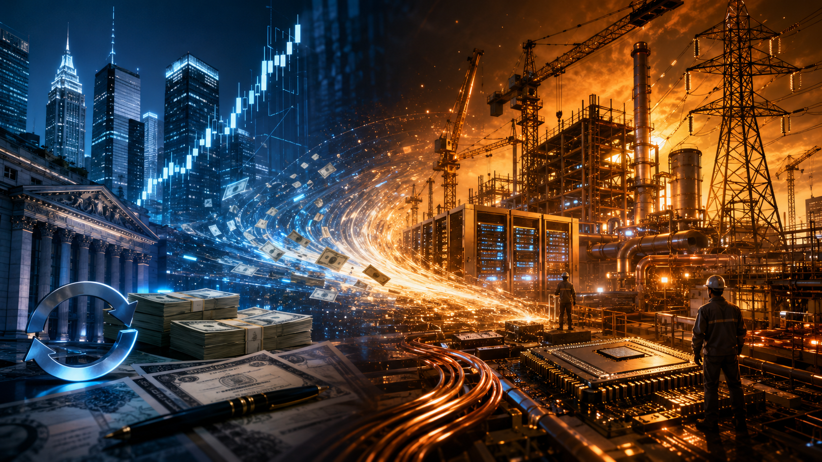 Heresy X cover art: a cool blue financial district on the left — glass towers, a rising stock chart, bundles of cash and a circular buyback arrow — dissolving into a warm orange industrial build-out on the right: construction cranes, a data centre under build, high-voltage grid pylons, pipes and a silicon chip, with hard-hat engineers. The denominator era of financial engineering giving way to the numerator era of physical capacity.