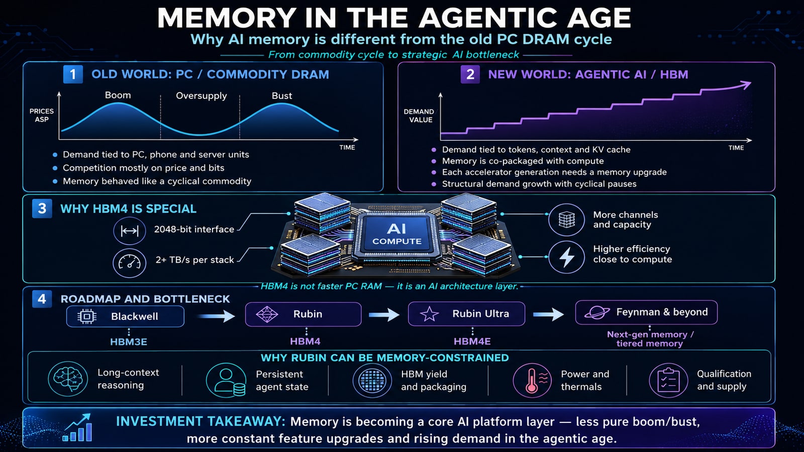 Infographic: Memory in the Agentic Age. Panel 1, the old PC/commodity DRAM boom-oversupply-bust price cycle. Panel 2, the new agentic-AI/HBM demand staircase rising structurally. Panel 3, why HBM4 is special — a 2,048-bit interface and 2+ TB/s per stack co-packaged around an AI compute die, captioned HBM4 is not faster PC RAM, it is an AI architecture layer. Panel 4, the roadmap Blackwell (HBM3E) to Rubin (HBM4) to Rubin Ultra (HBM4E) to Feynman and beyond (next-gen/tiered memory), and why Rubin can be memory-constrained.