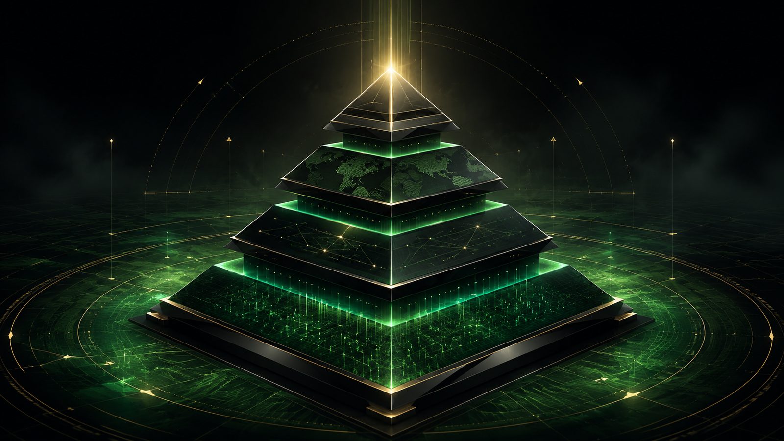 Cover art for agentic infrastructure, the orchestration layer — a glowing green tiered stack of foundation, middleware and platform layers.