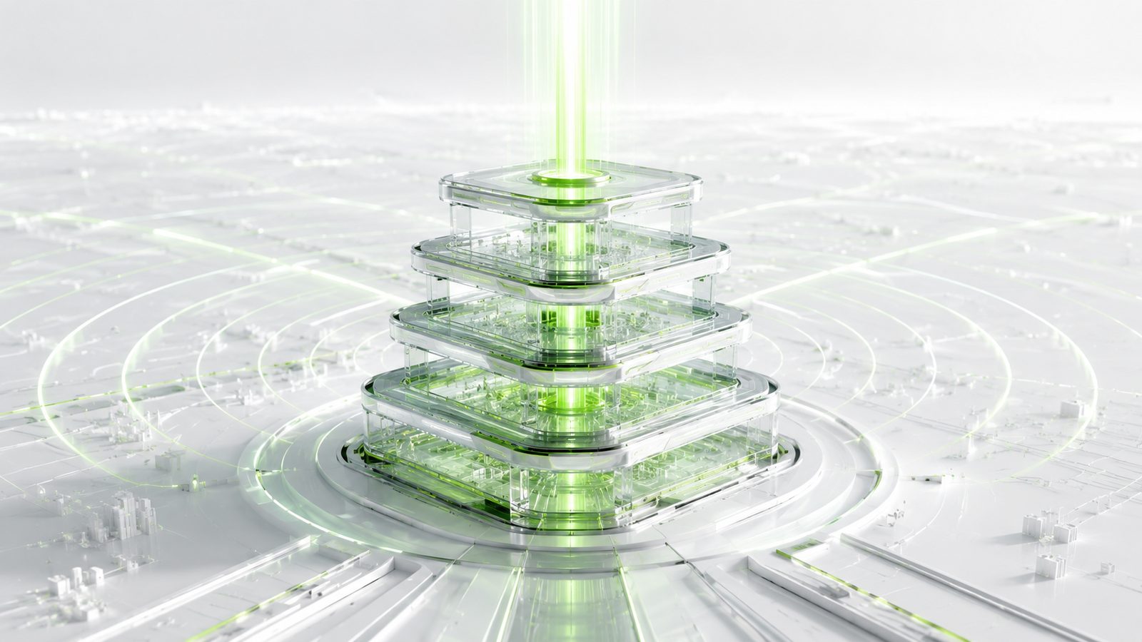 Cover art for who owns the AI chip buildout — a stacked, tiered silicon structure rising from a circuit board.