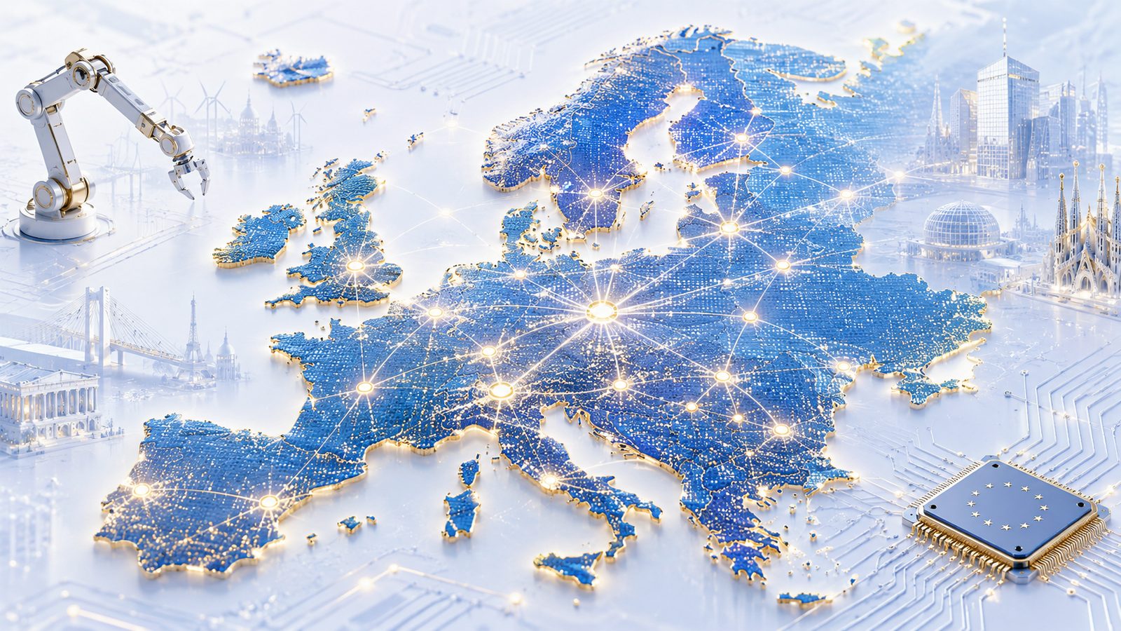 Cover art for the Euro-AI Sovereign Index — a European map lit with AI nodes in blue and gold; from pixels to atoms.