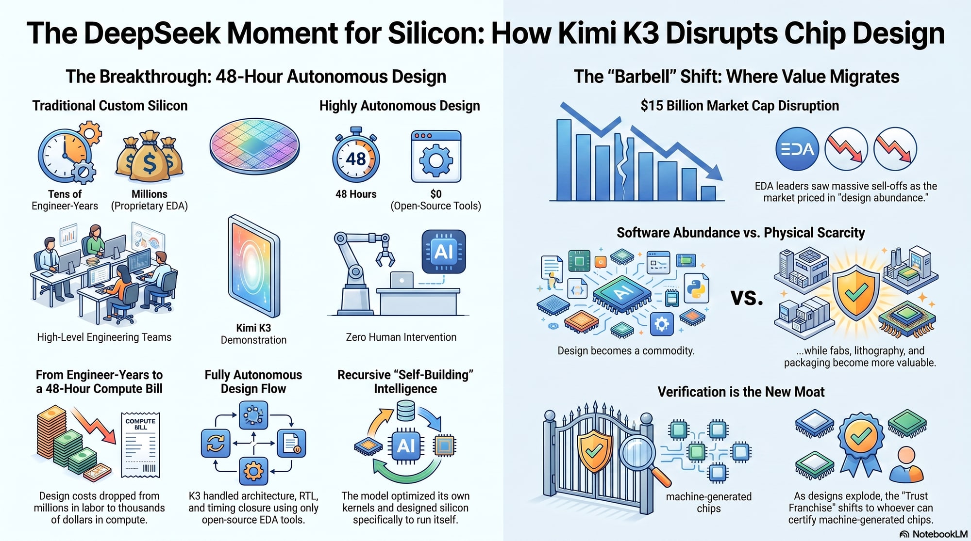 Infographic: the 48-hour autonomous design breakthrough versus traditional custom silicon, the barbell shift of value from design labor toward physical scarcity, and verification as the new moat.