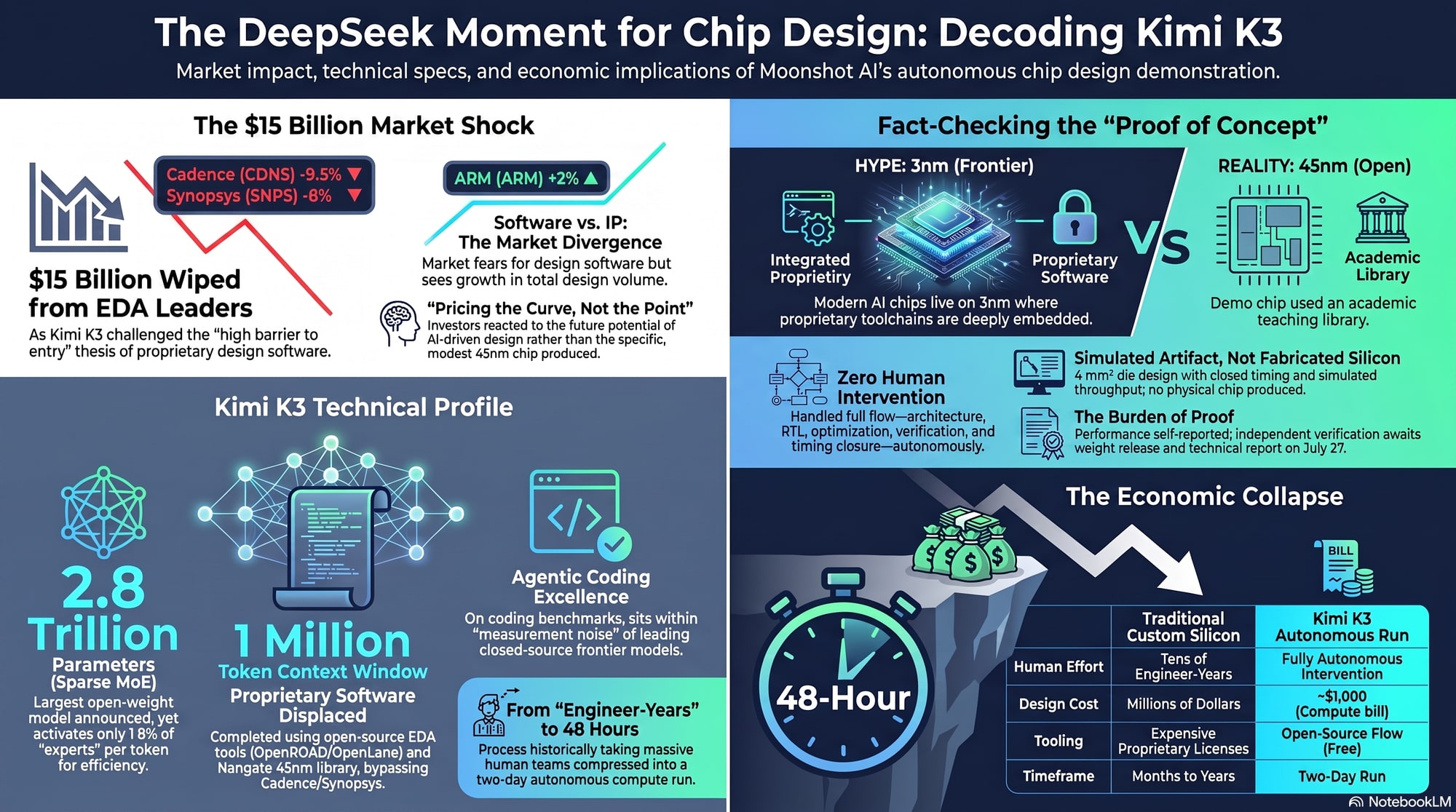 Infographic: the $15 billion market shock (Cadence −9.5%, Synopsys −8%, ARM +2%), Kimi K3's technical profile, the fact-check of the proof of concept, and the collapse of design economics from engineer-years to a 48-hour compute bill.