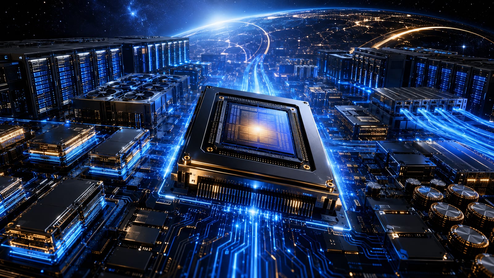 A flagship accelerator at the center of the global silicon economy — racks, power, packaging and interconnect radiating outward across a planet-scale circuit board.