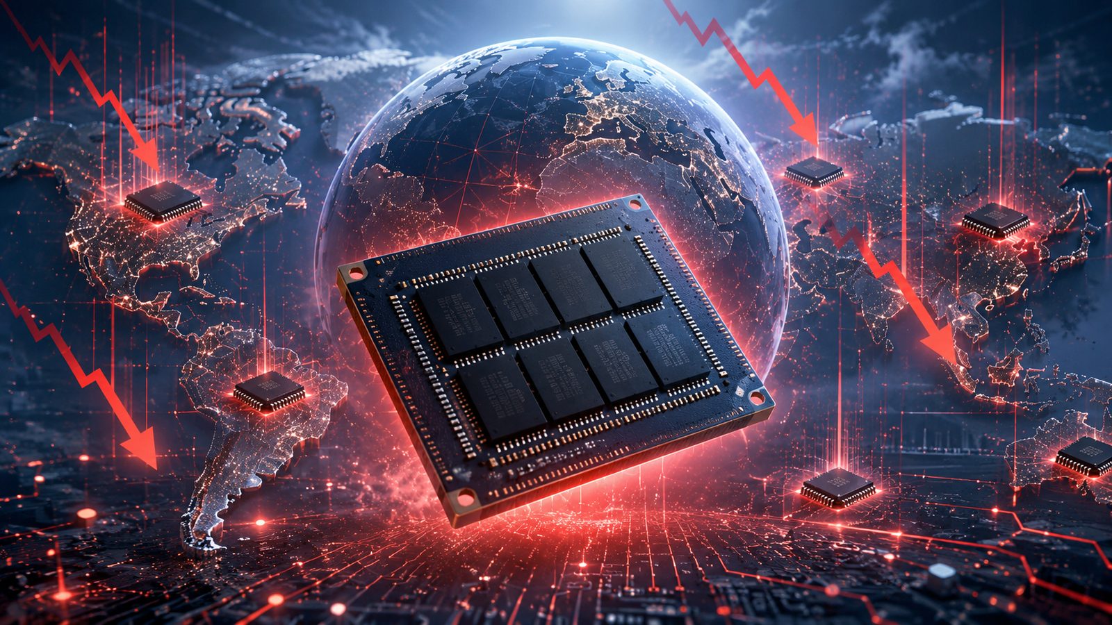 A DRAM/HBM memory module over a blue-lit globe ringed by red and green arrows and circuit traces — Micron and the AI memory supercycle.