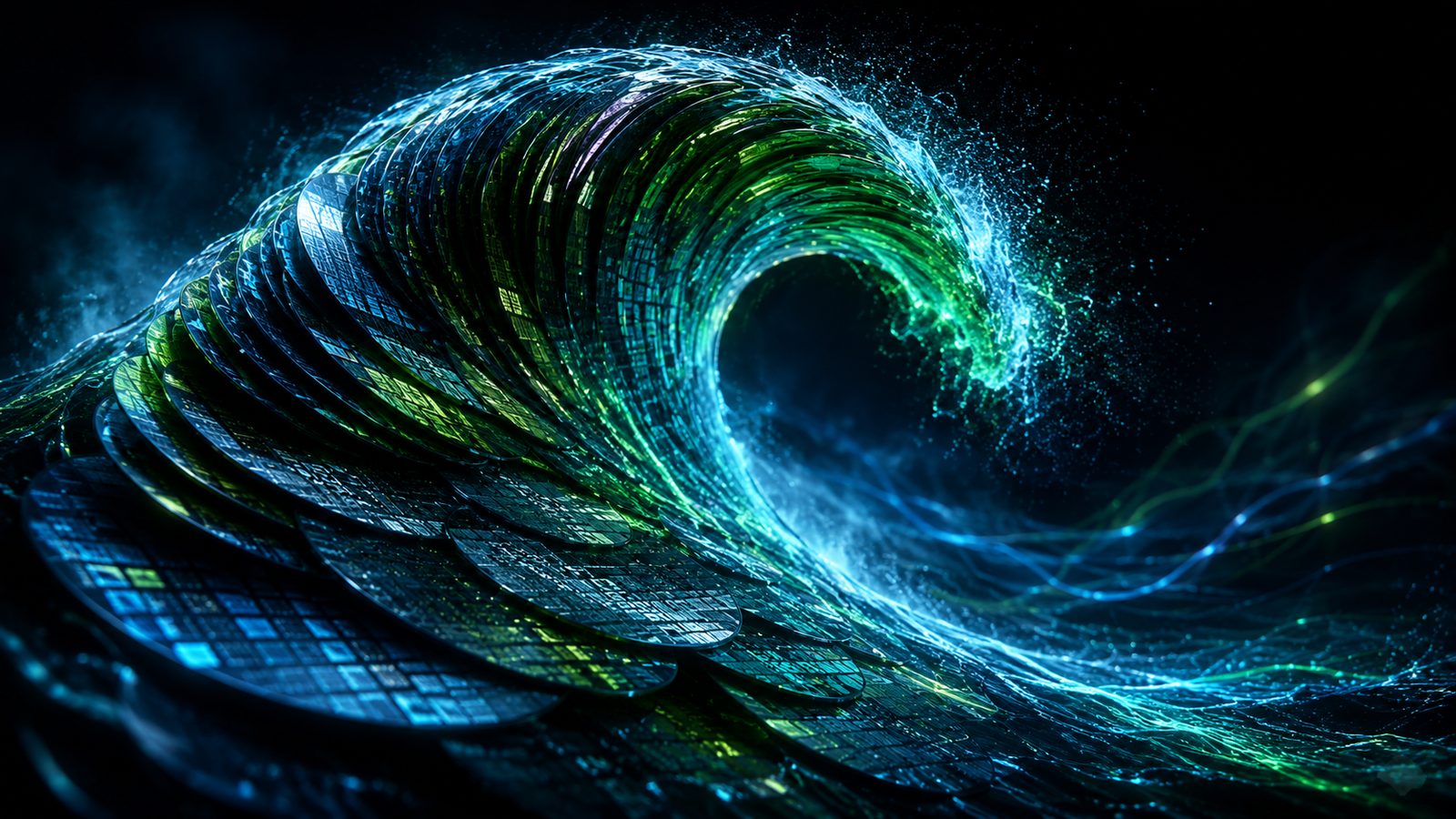 Cover art for Wave 1, the stacking peak — a cresting wave built of stacked silicon and circuit layers; investing in the creation of the chip.