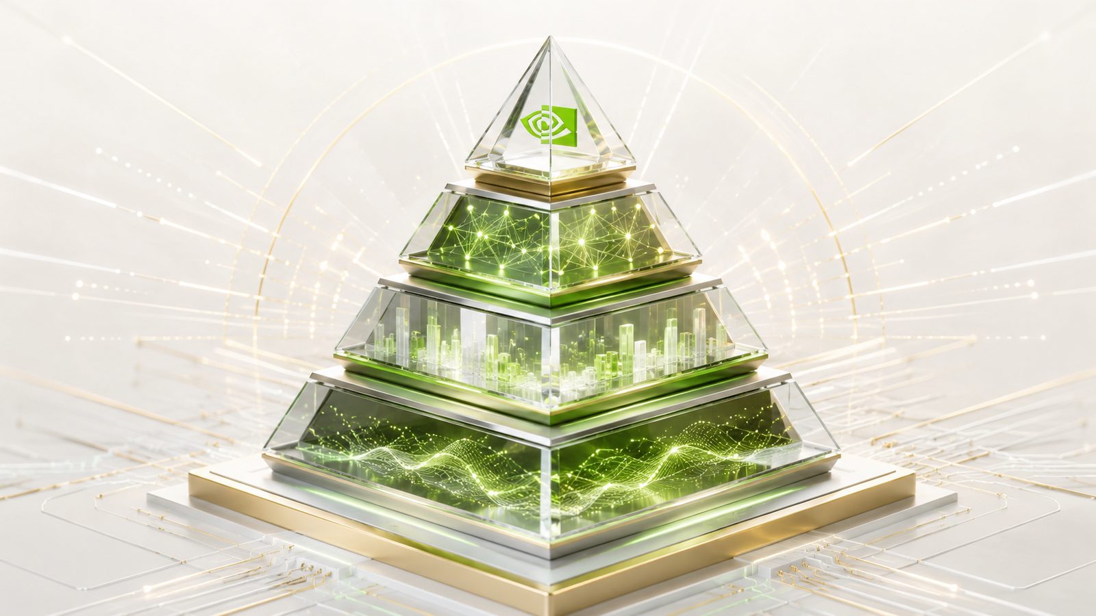 Cover art for Pattern 03, NVIDIA strategic authority — a four-tier green glass pyramid with the NVIDIA mark at its apex; the signal hierarchy.