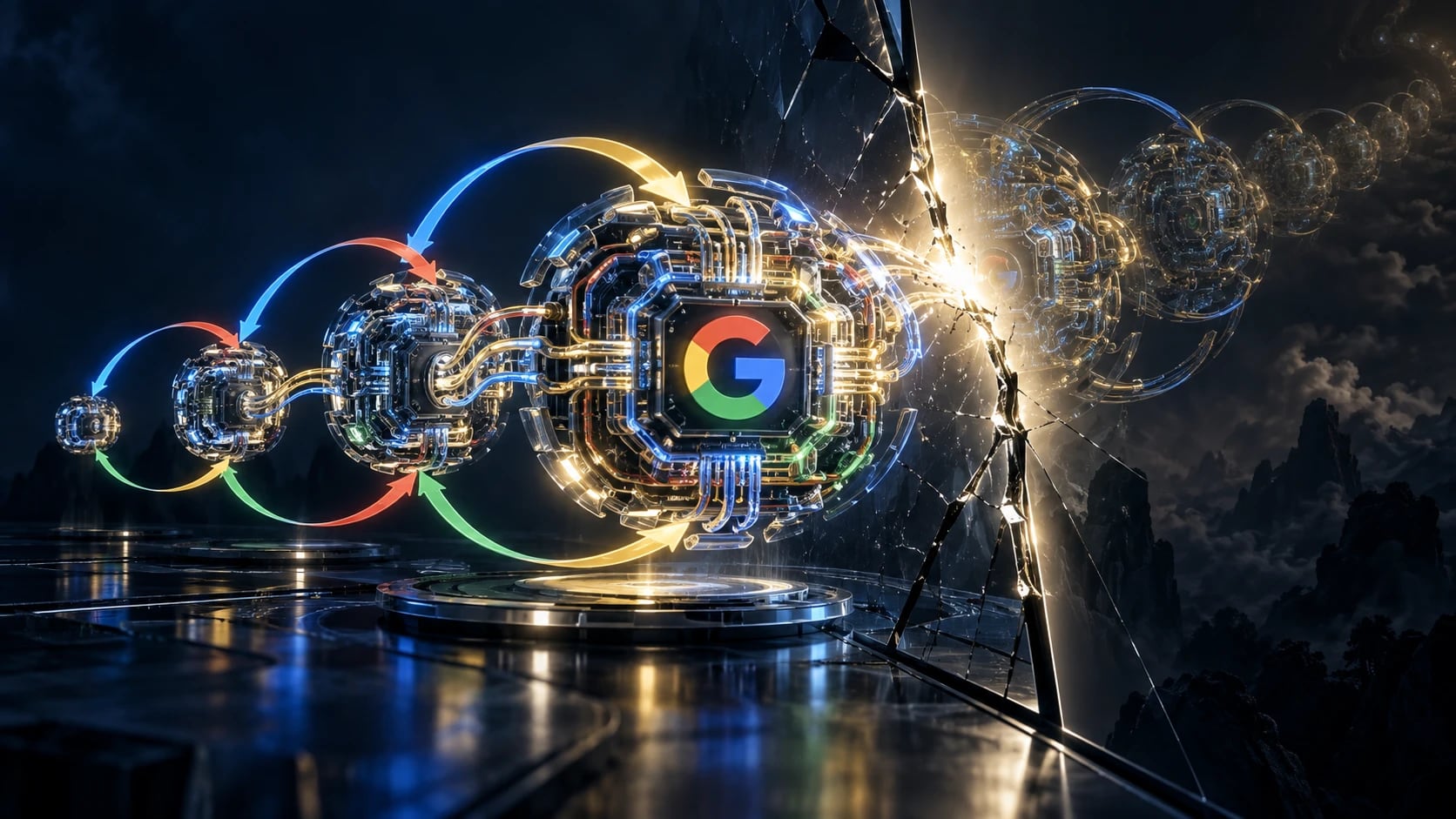A chain of glass-and-circuit spheres growing larger with each generation, arrows looping back into the next, the Google logo at the centre, a cracked pane of glass splitting the scene.