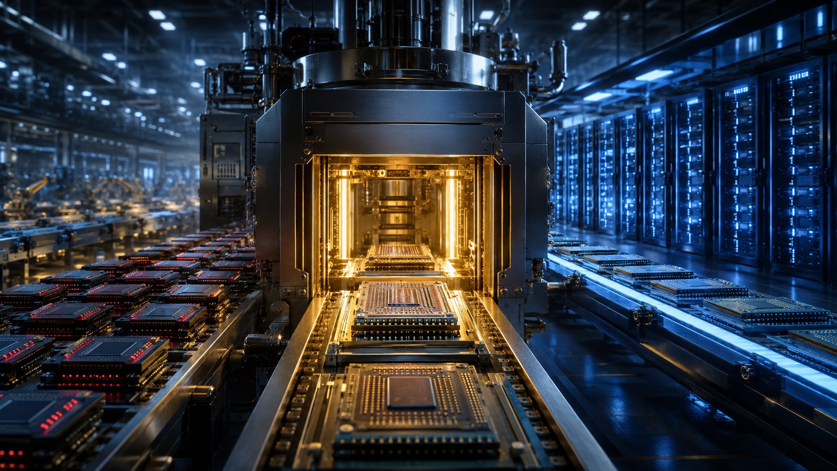 The Verification Tax cover art — two precision test instruments facing each other over a silicon wafer, the duopoly that verifies the AI build-out.