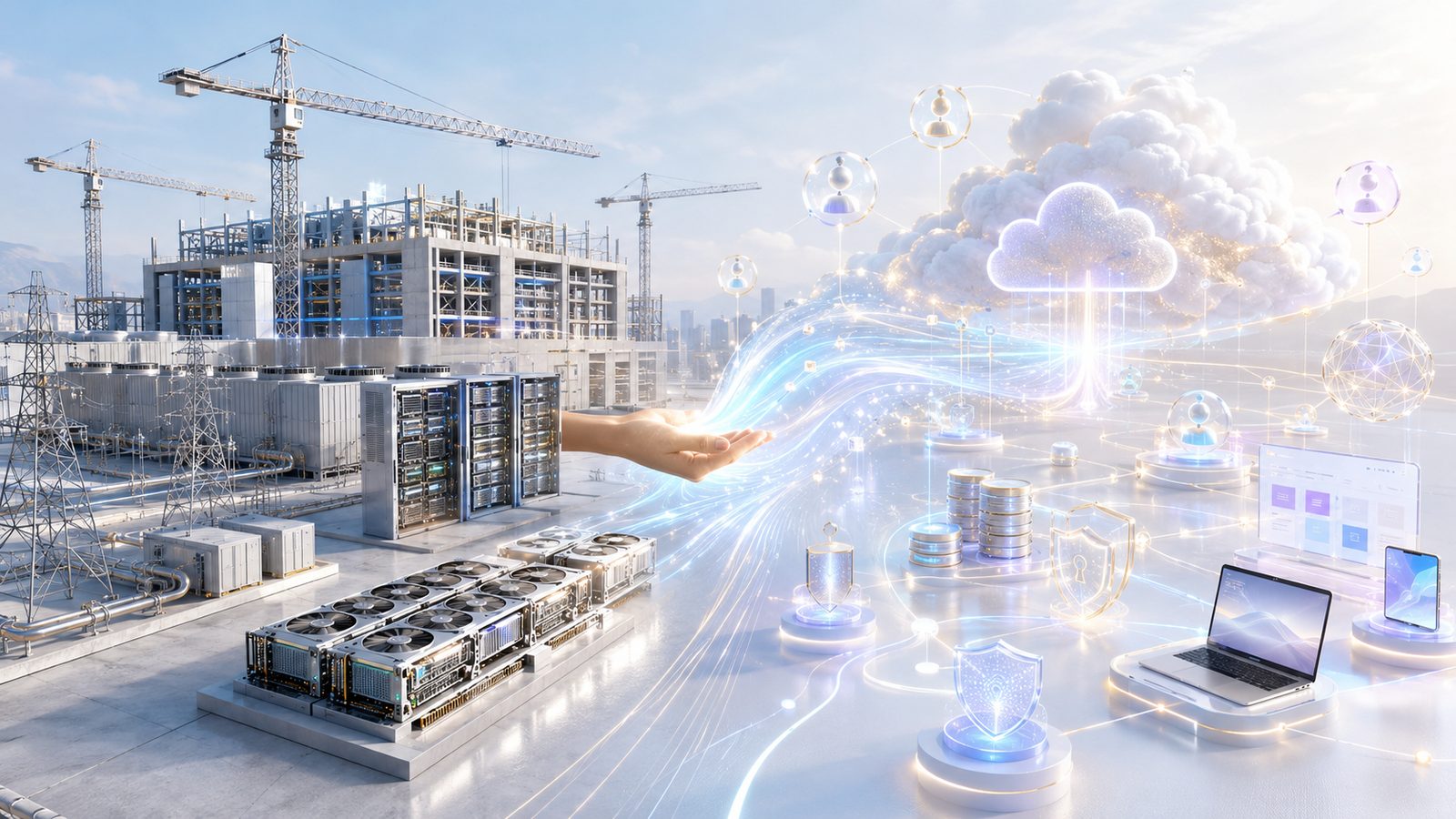 A four-stage editorial relay: a machine hall handing a glowing current onward through narrowing gates toward figures at work in lit rooms beyond — value passing from the builders of the machine to the world that runs and uses it