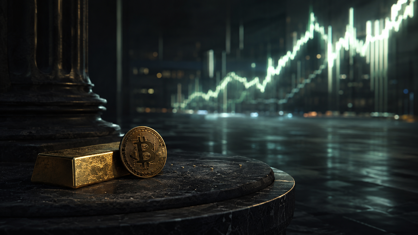 A gold bar and a bitcoin coin lying idle on a dark marble plinth beside a column, while a glowing market chart climbs in the background without them — the hedges the tape left behind.