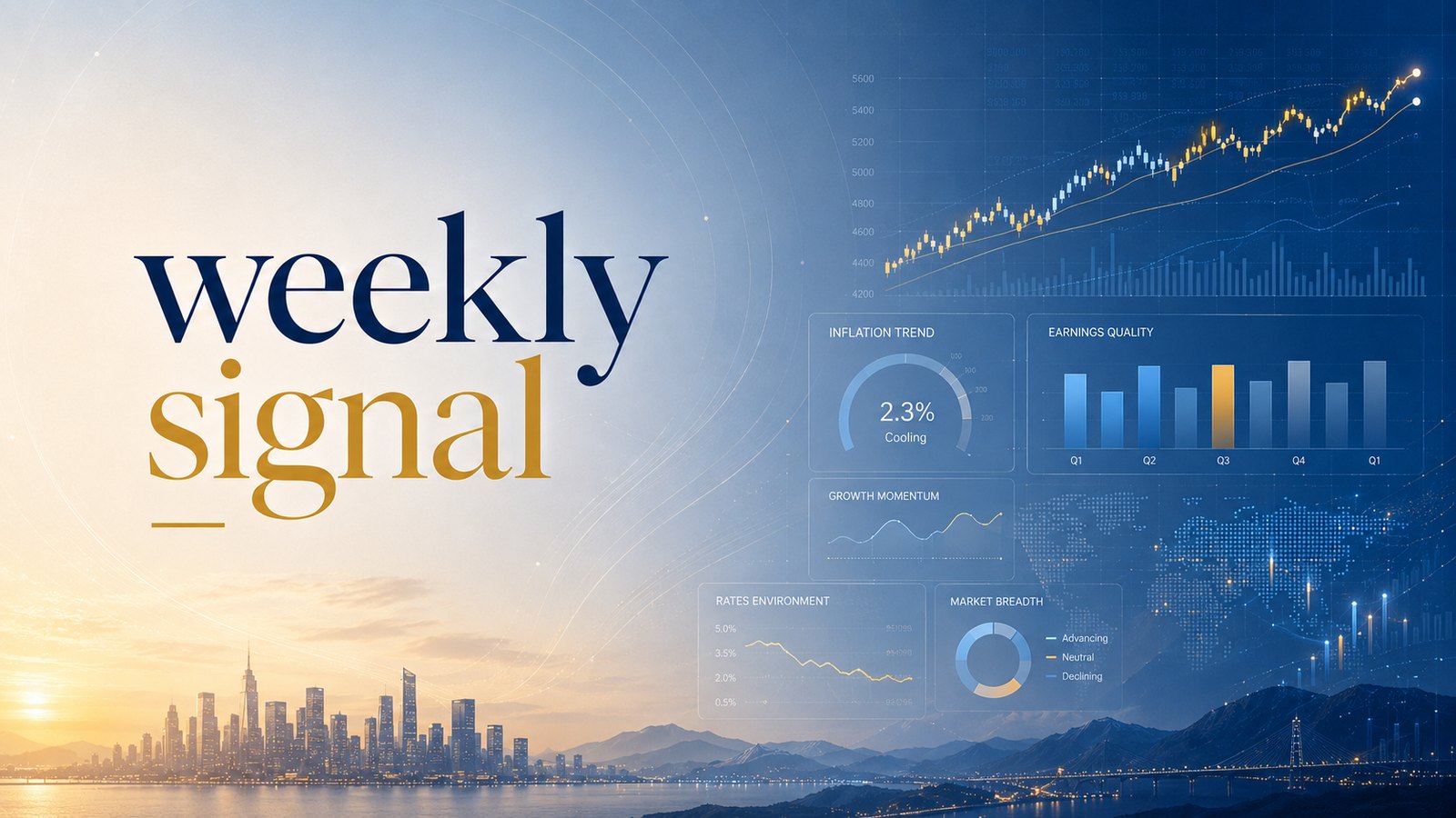 Weekly Signal cover — dashboard tiles over a market backdrop: the week the Magnificent Seven returned to the top of their nine-month range.