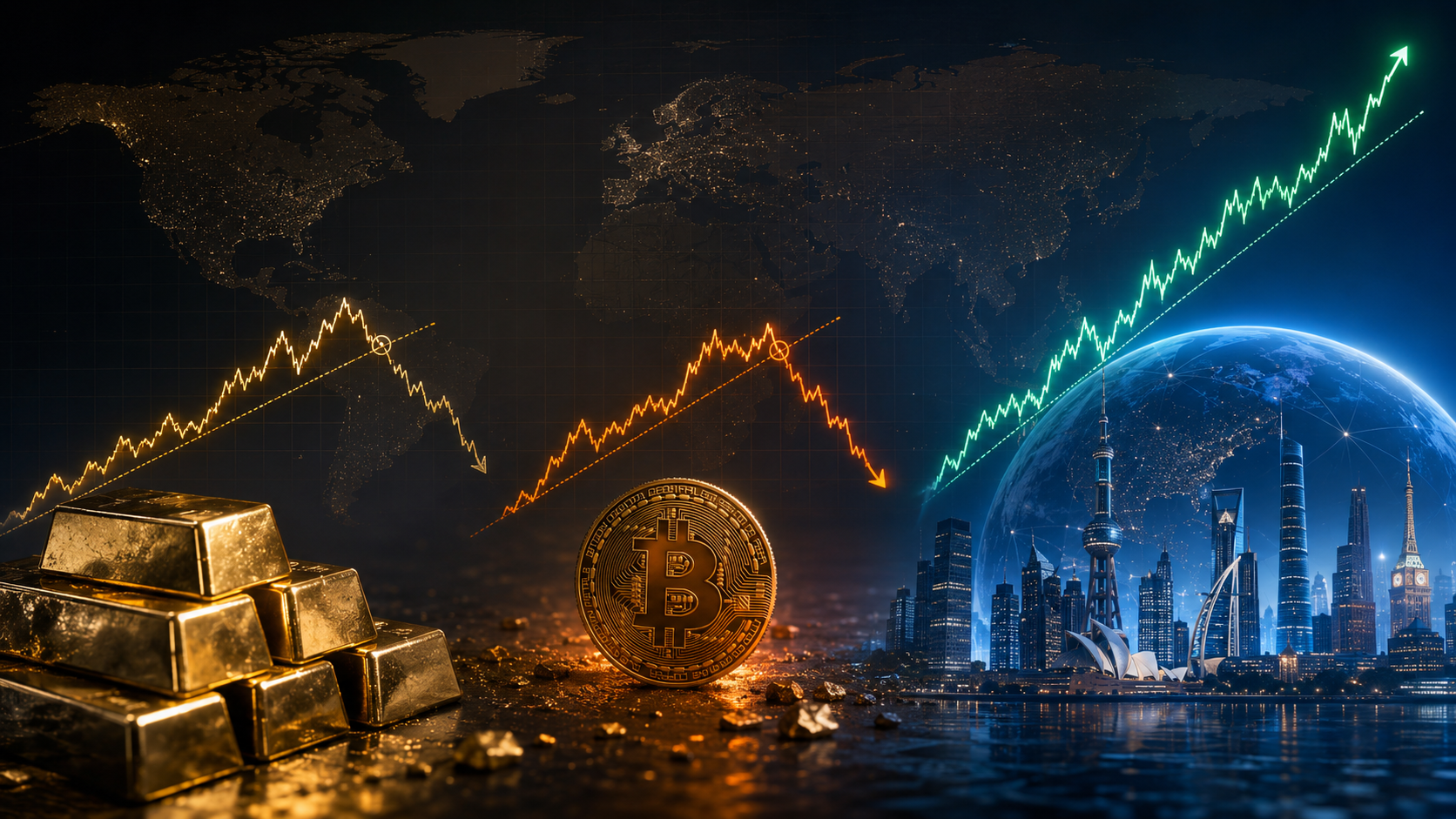 Cover — the week's structure map in one scene: gold bars beneath a broken uptrend, a bitcoin rolling over with its arrow, and the world-equity line rising green over a night skyline of Asian cities on a darkened world map.