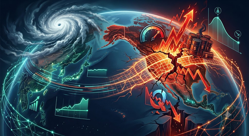 A weather map of the world with the storm system centered over the United States for a change — a lightning bolt striking a silicon wafer — while the Asian side of the map sits in clearing skies.