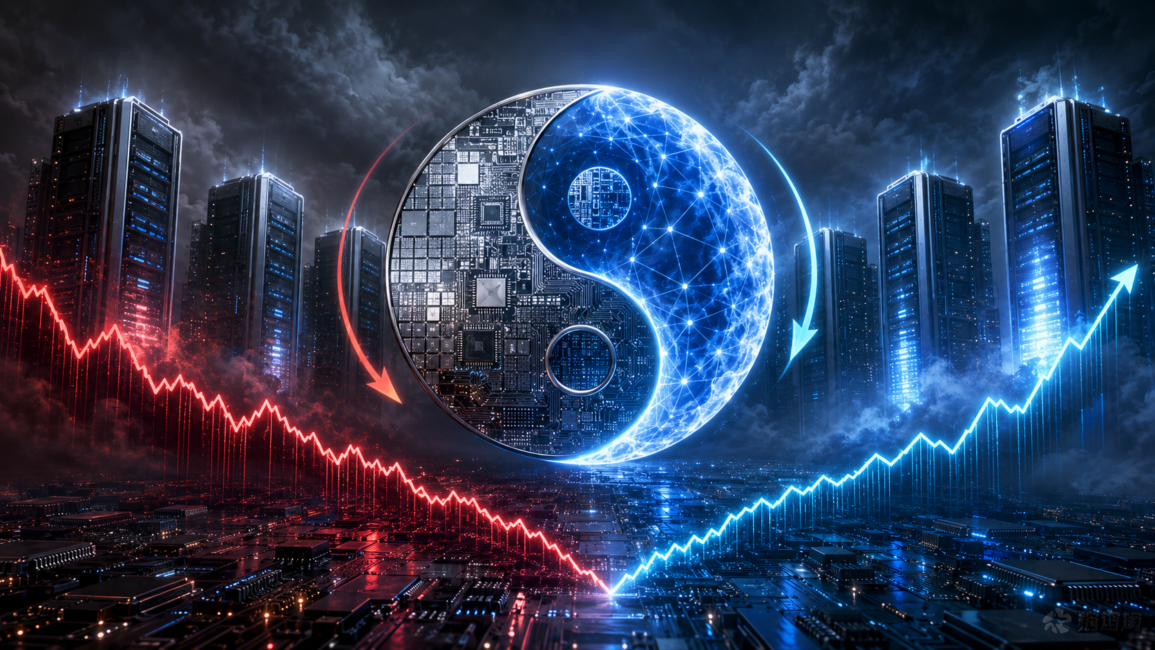 Cover — a yin-yang of the AI trade between data-center towers: one half silicon circuitry, the other a glowing network sphere, with a red declining tape on one side and a blue tape bottoming and breaking upward on the other.