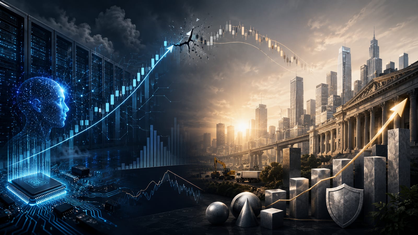 A glowing blue AI brain built from circuitry beside a semiconductor chip on the left, a candlestick chart arcing upward and then rolling over across the center, and a sunlit city skyline with a classical exchange building, a bridge and metallic geometric shapes on the right — the AI trade meeting the broader market at an inflection point.