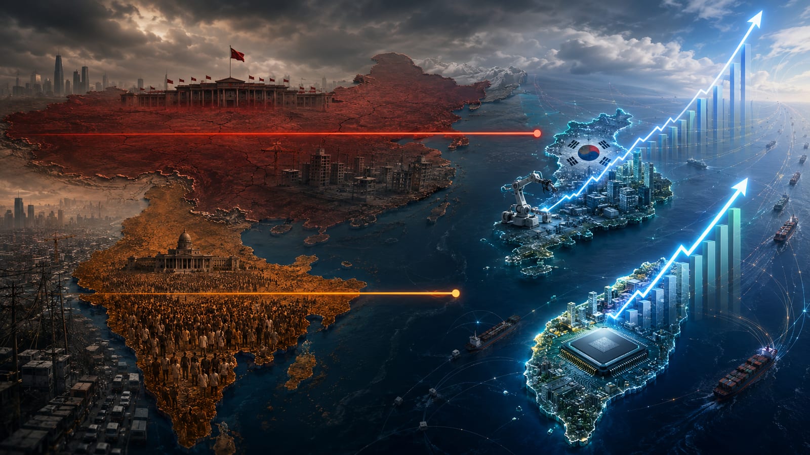 A map of Asia split in two: China (red) and India (gold) lie flat and muted under a grey sky on the left, while South Korea and Taiwan glow blue on the right with rising arrows and bar charts climbing vertically and a glowing semiconductor chip set into Taiwan — the two chip-exporting tigers running on the AI supply chain while the two giant economies stall.