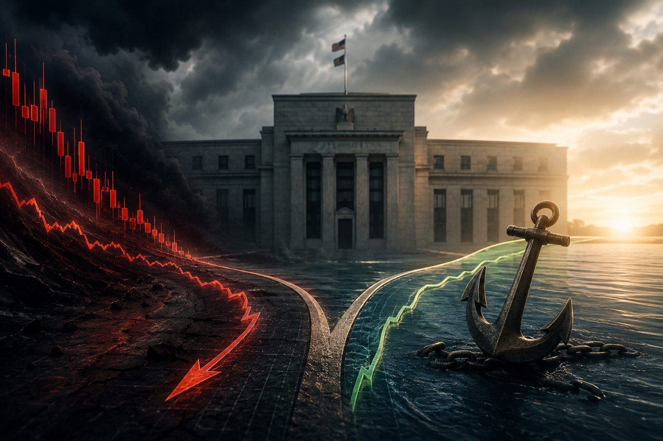 The Federal Reserve building under a split sky: on the left, storm clouds and a red, falling candlestick chart with a downward arrow (the hawkish front end repricing higher); on the right, a calm sunset with a green line anchored by a large ship's anchor in still water (the long end staying anchored) — a hawkish Fed the long end refuses to follow.