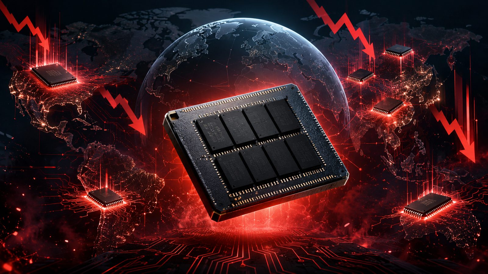 A high-bandwidth memory chip glowing at the centre of a darkened globe, red downturn arrows radiating across the continents — the global chip selloff into Micron's print.