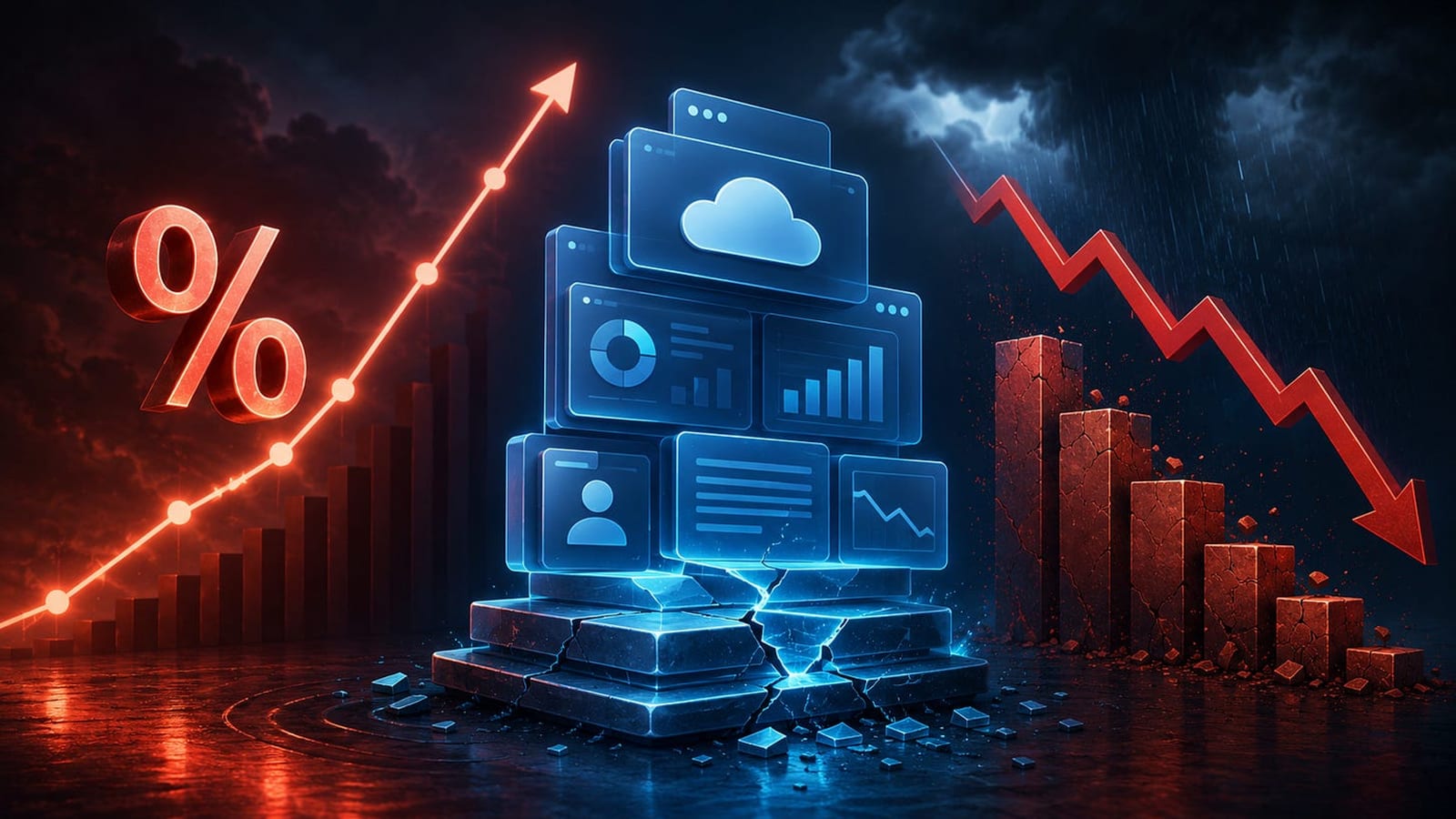 A glowing blue stack of SaaS application panels — cloud, dashboards, user, charts — standing on a cracking stone pedestal, a red rising rate-percent arrow climbing on the left and a red price chart falling on the right, under a stormy sky.