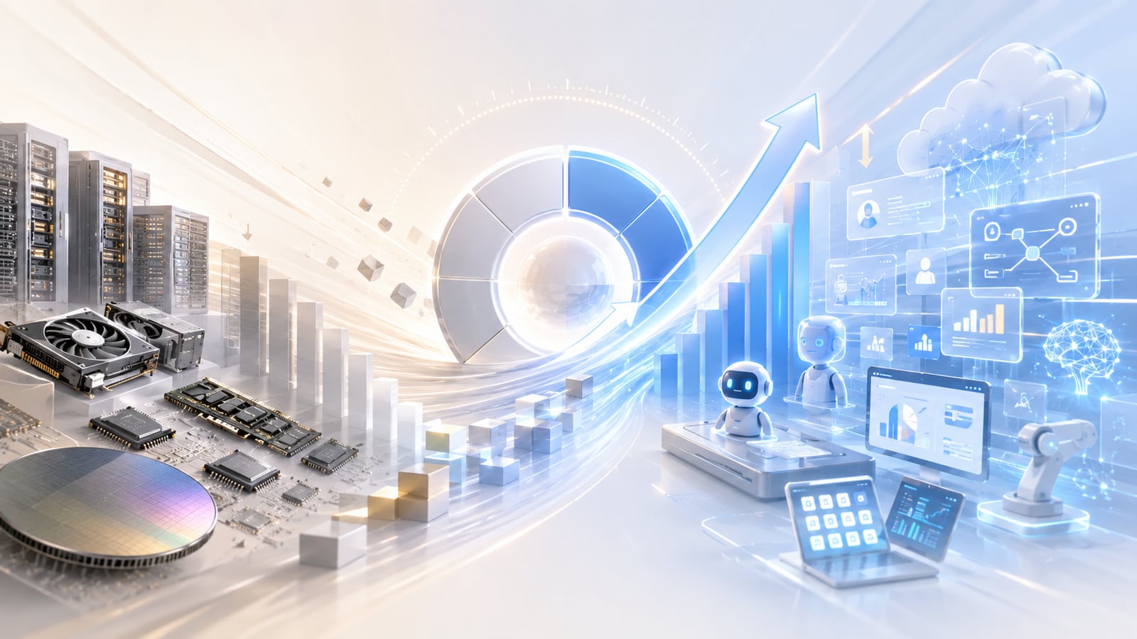 Digital artwork: on the left, the AI infrastructure side — server racks, a GPU card, memory chips and a silicon wafer dissolving into rising bar charts; a rotation ring and an upward arrow sweep through the center toward the right, where the AI-usage side appears — a friendly robot, dashboards, cloud icons, a tablet and a robotic arm. The capex side rotating toward the demand side.
