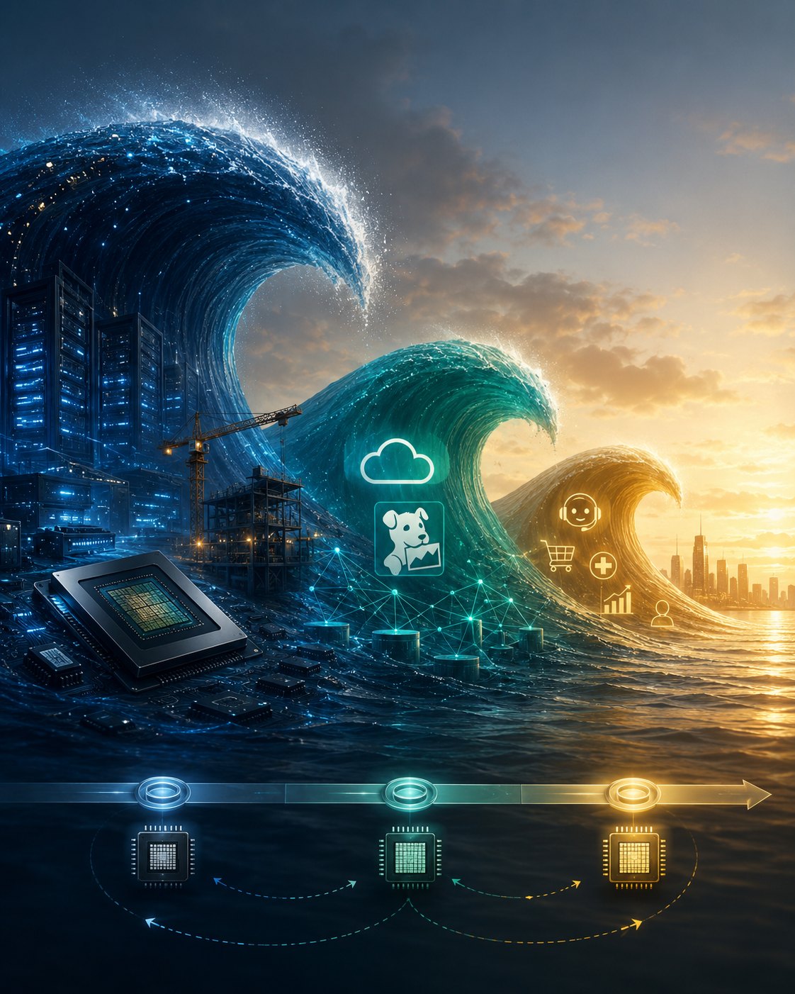 Digital artwork of three ocean waves rising from a city of glowing blue server racks and a GPU chip on the left, through a teal wave carrying cloud and agent icons in the middle, to a golden wave breaking toward a sunrise city on the right — the AI capex, opex and applications stages — above a timeline of three repeating chip-generation nodes.
