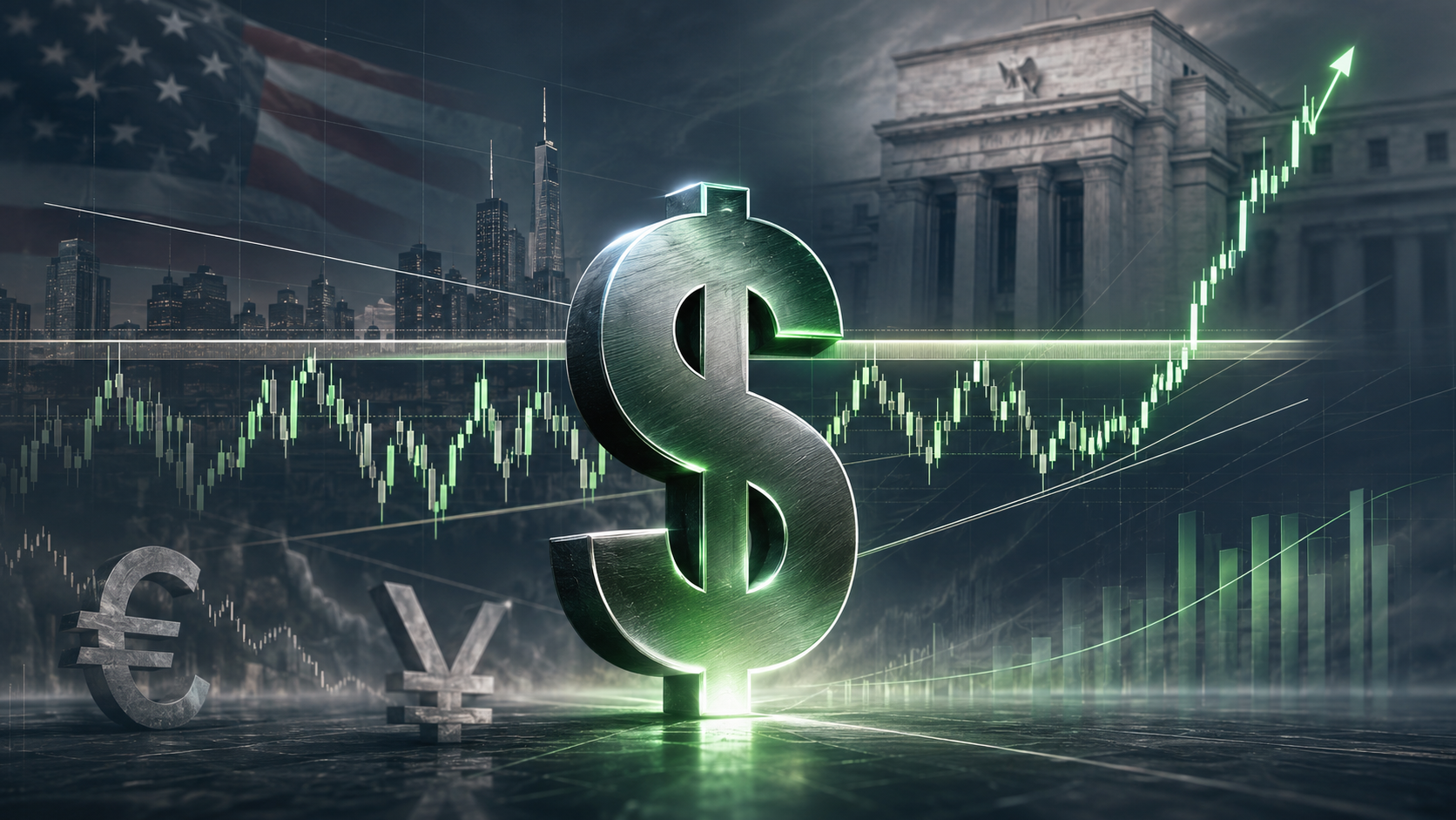 Digital artwork: a metallic dollar sign glowing on a single horizontal breakout line, a rising green candlestick chart, the US flag and the Federal Reserve building behind it, with dimmed euro and yen symbols in the foreground — the dollar at the breakout line.