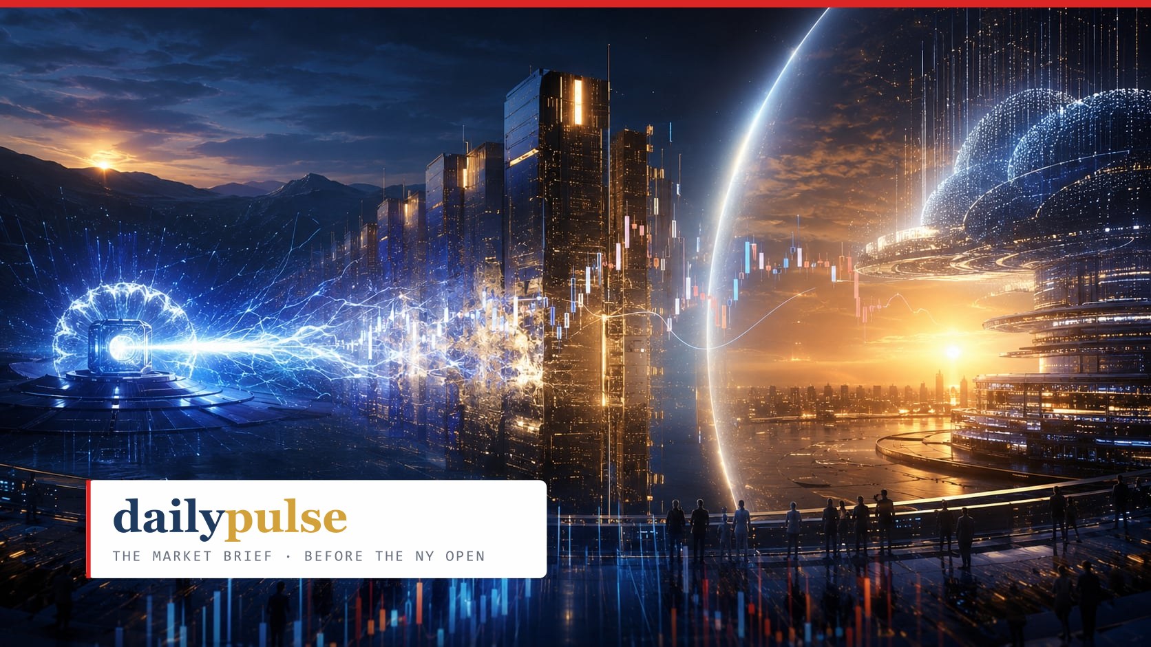 A pulse of energy from a small AI core arcs into a city of chart-towers at sunrise — the K3 shock meeting the market that decides what it is worth.