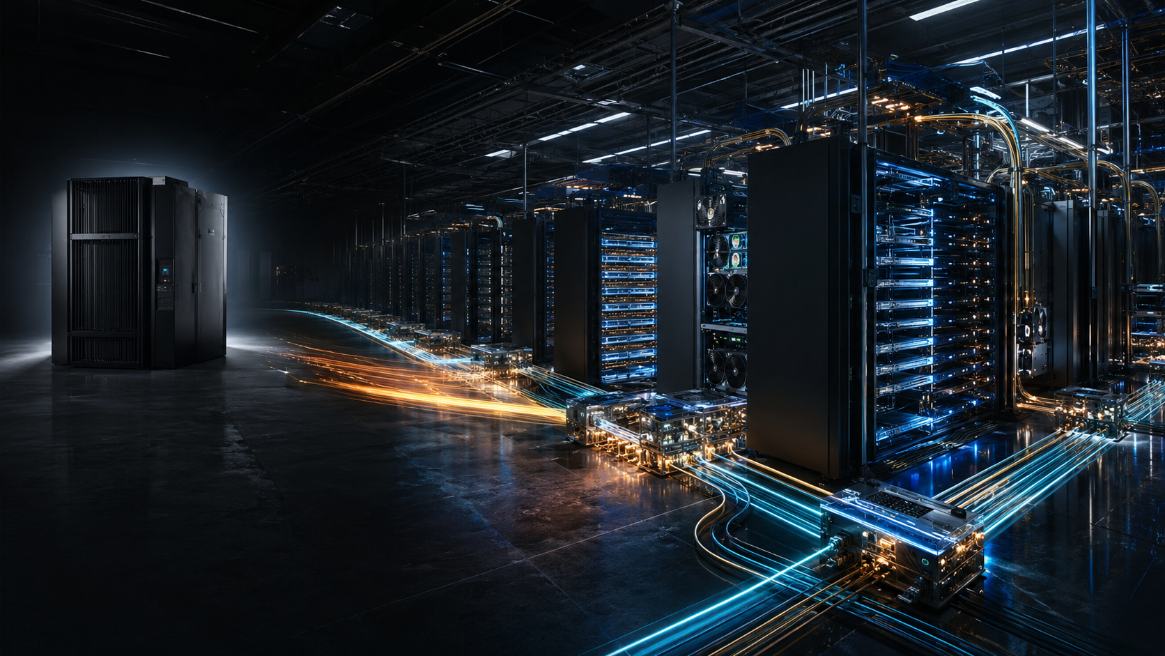 A lone mainframe cabinet in the dark on the left, streams of glowing fiber flowing across the floor into a bright wall of dense server racks — the data center's center of gravity moving from the box to the cluster and the network.