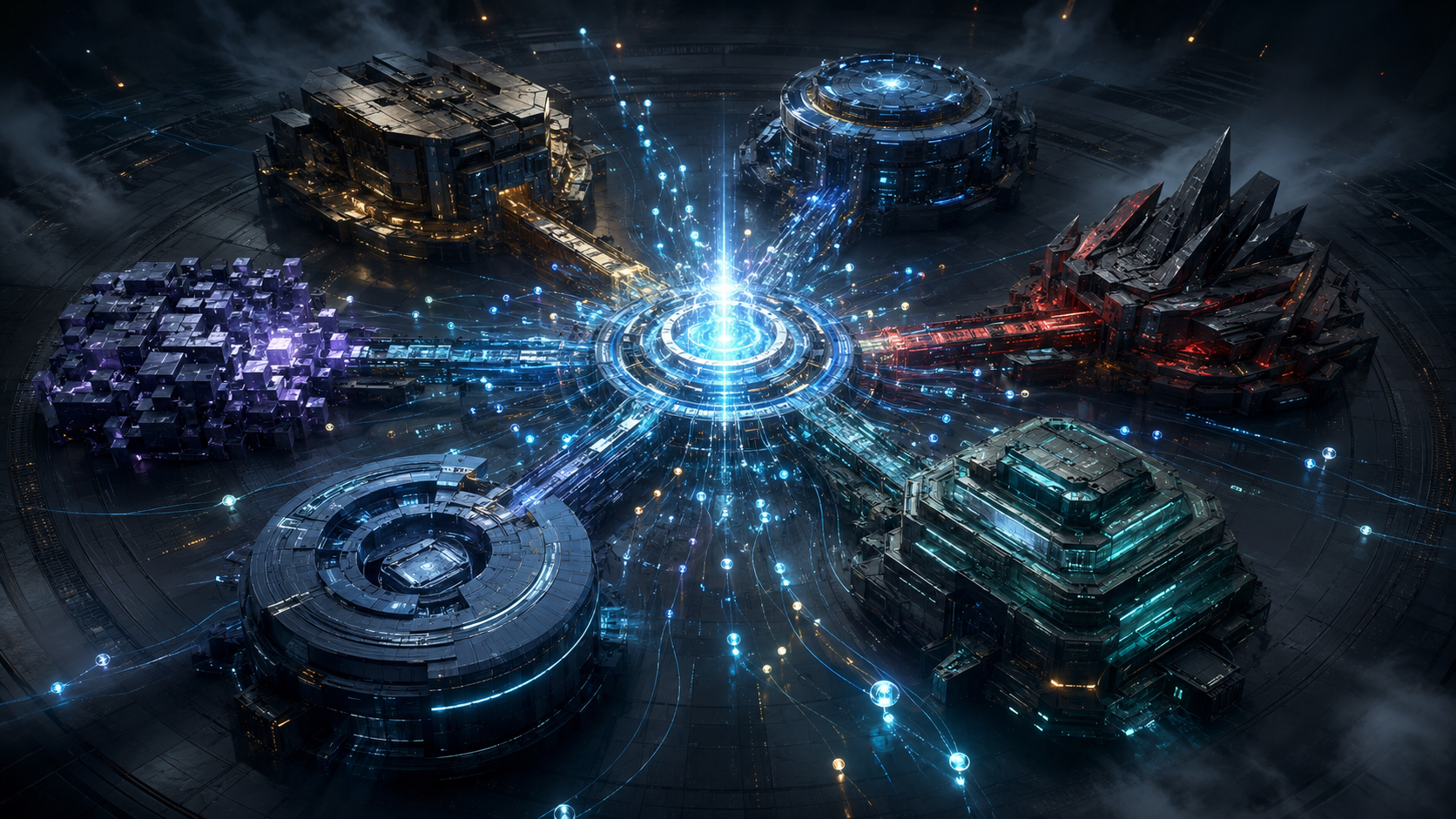 Five fortress-like platform citadels arranged around one glowing central control ring on a dark enterprise plain, streams of agent-data flowing along the spokes between them — every platform wired to the same contested center.