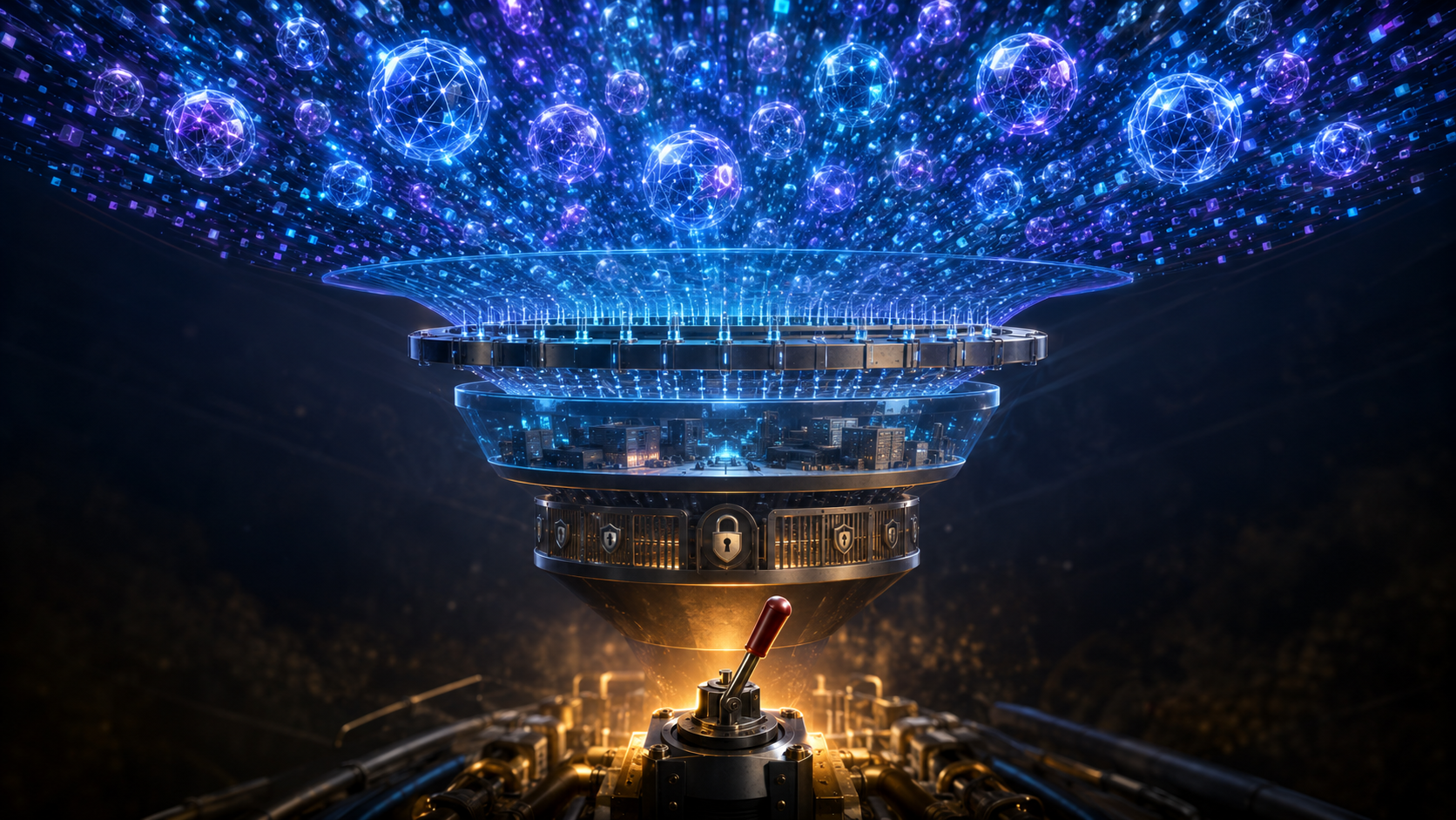 Many glowing model spheres above narrow through a permissions ring marked with a padlock and shields, down to a single brass lever — abundant intelligence funnelling into one control point