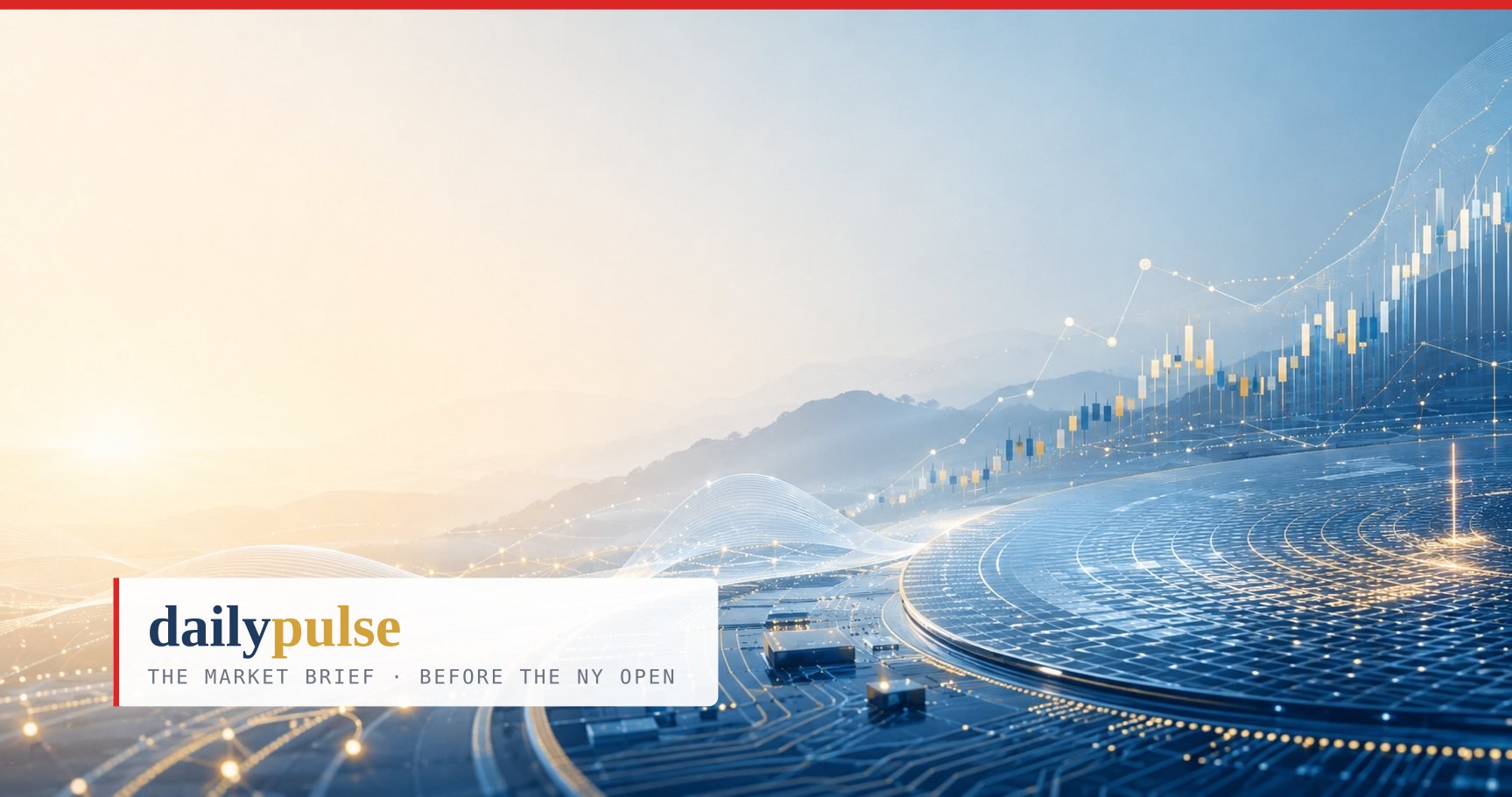 Daily Pulse cover — circuit-board landscape with a wafer disc and rising candles: the chip trade in 24 sectors