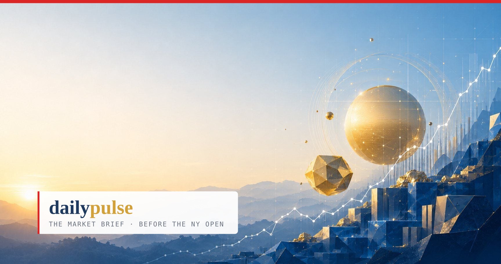 Daily Pulse cover — gold spheres and polyhedra over crystal blocks under a rising line: assets with no cash flows, priced on the denominator alone