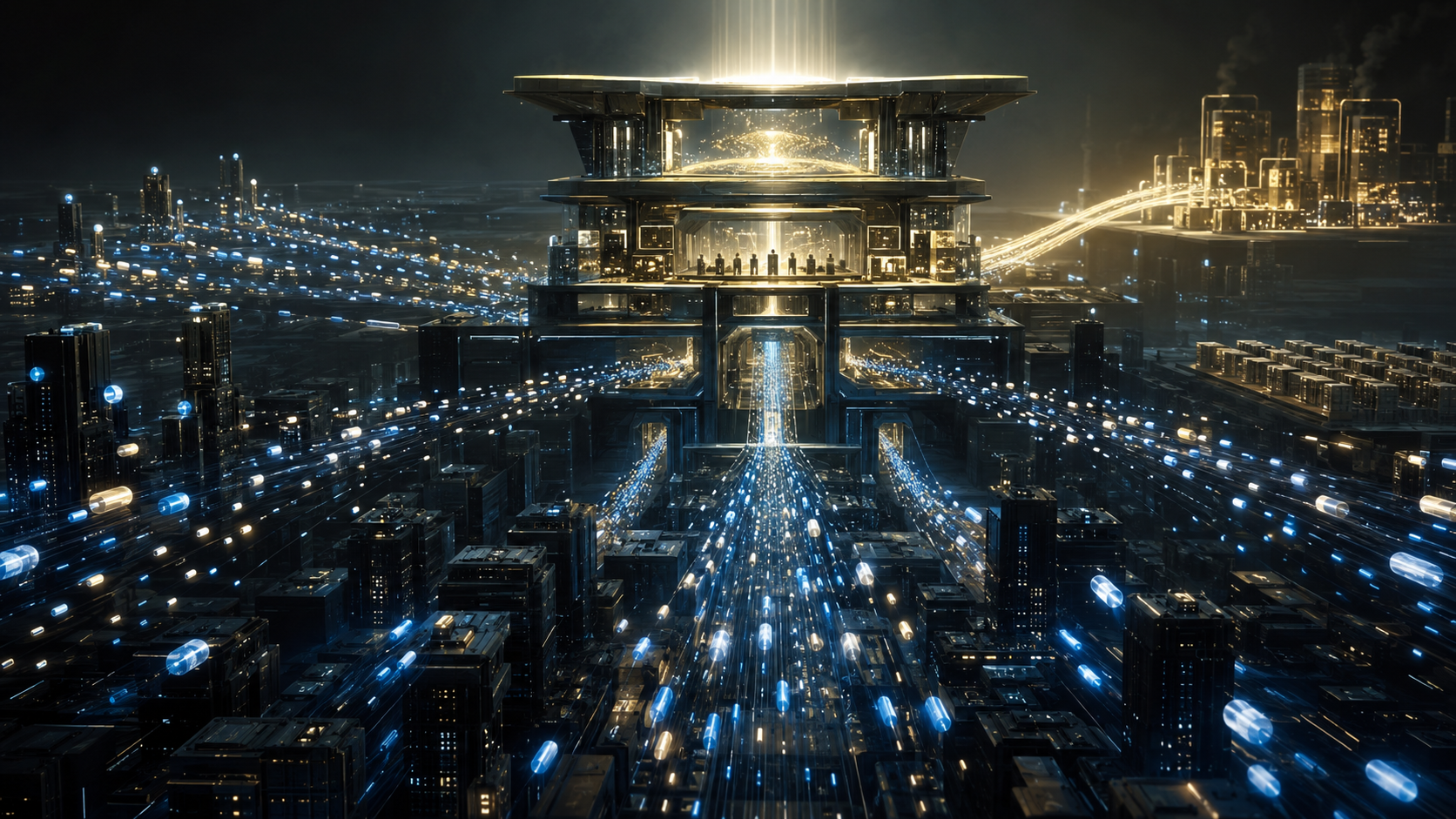 A golden orchestration citadel rises above a dark enterprise city at night, streams of glowing agent-capsules flowing through its gates in ordered lanes — the control plane through which all the work must pass.