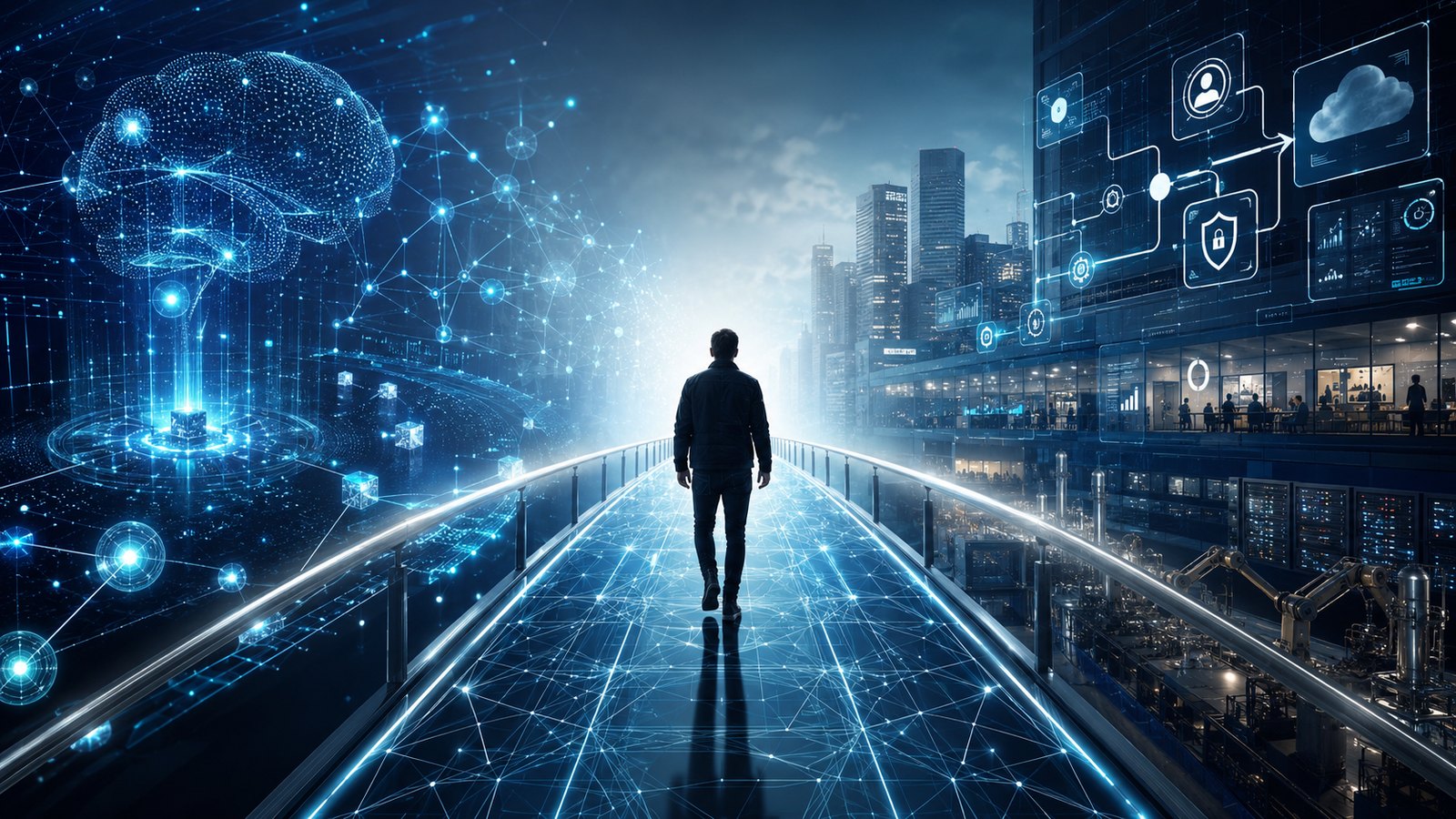 A lone engineer walks across a glowing data bridge from a neural-network world of AI on the left toward an enterprise city of offices, dashboards, cloud and security icons on the right — the human bridge from model capability to enterprise workflow.