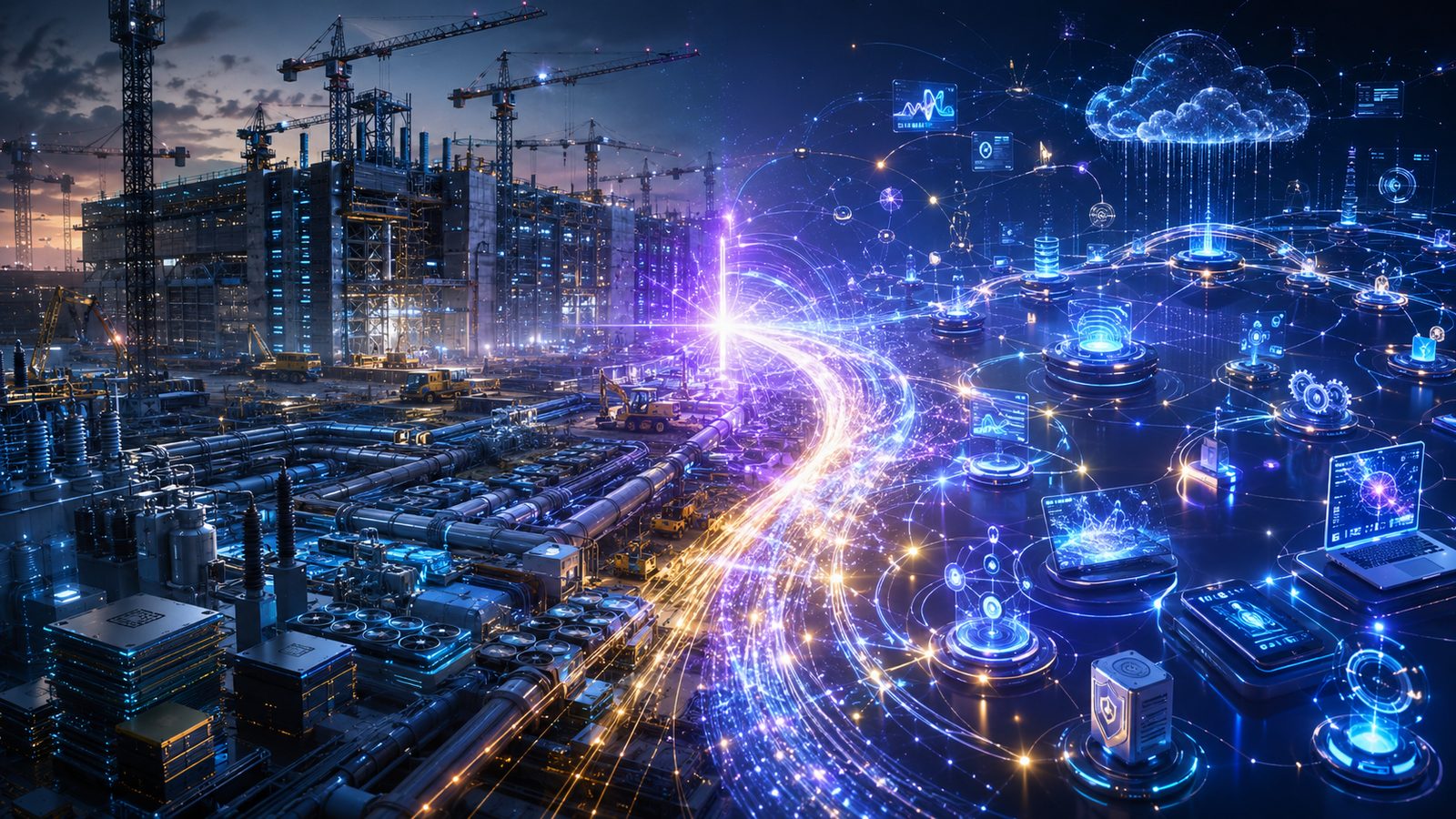 A single golden river of capital splits into three channels of different widths cutting through a dark silicon landscape — one broad and shallowing, one narrow and deep, one flowing toward lit structures on the horizon.